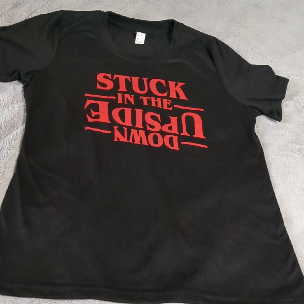 Ecru Black Tee with Upside Down Red Print - Short Sleeve